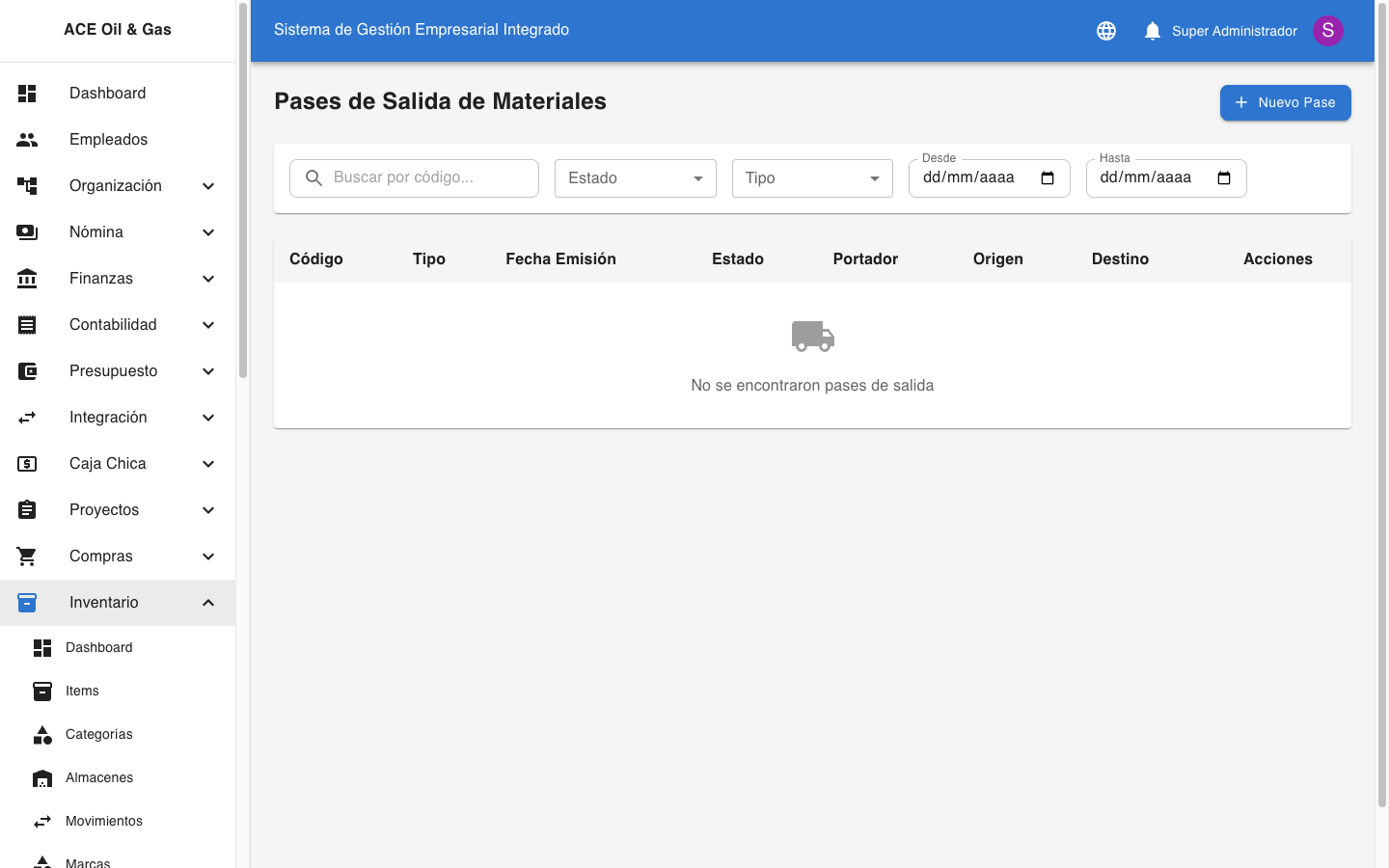Lista de Pases de Material