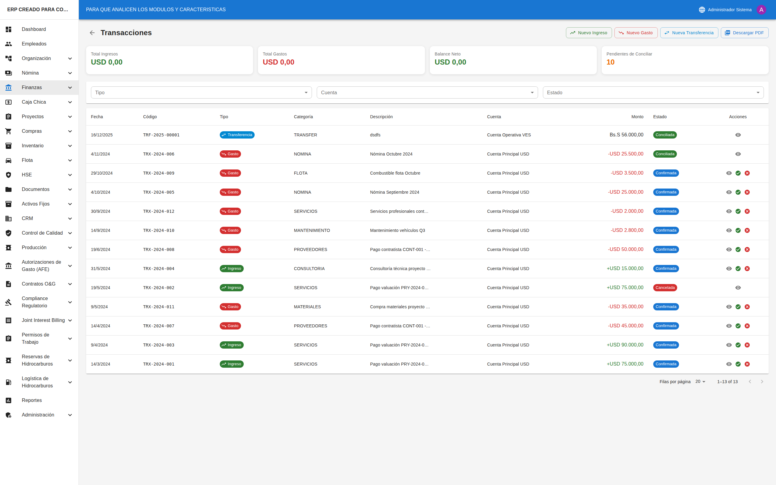 Lista de Transacciones