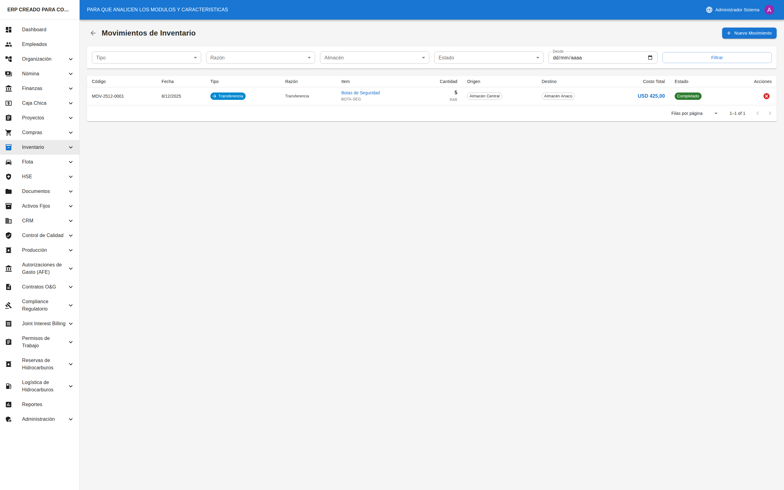 Lista de Movimientos
